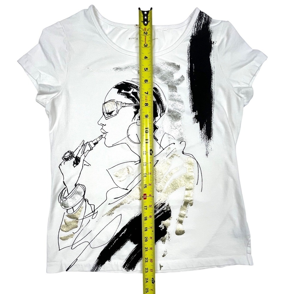Chico's Black Label White Graphic T-Shirt Metallic Gold Silver Foil Woman Size 1 - Picture 5 of 7